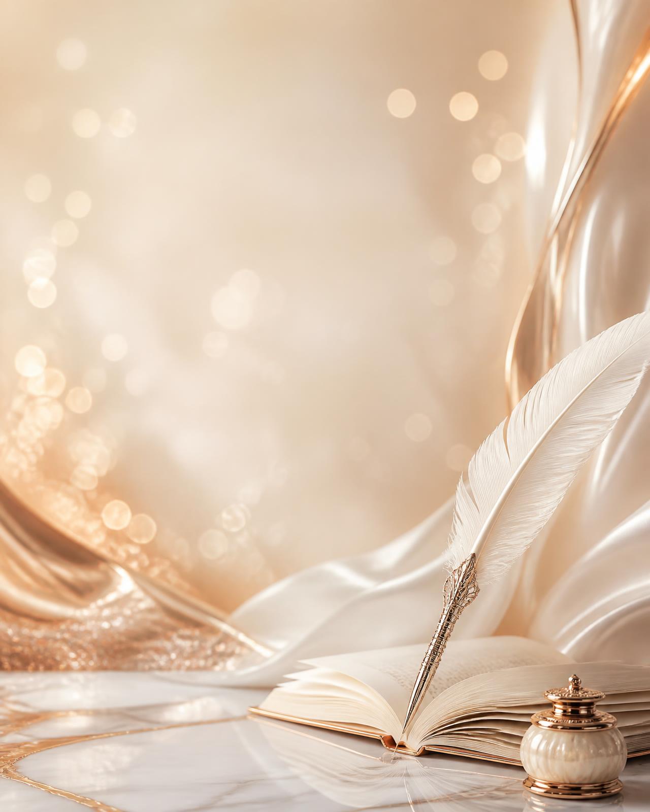 Feather quill on marble with rose gold light